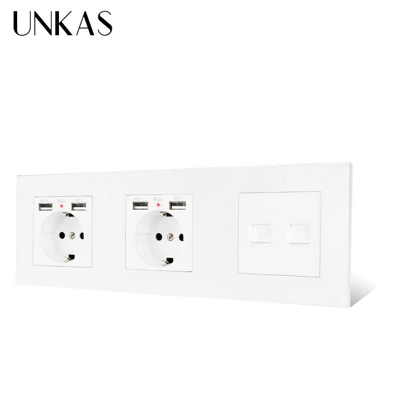 Пластиковая панель UNKAS двойная розетка европейского стандарта 4 USB порта для