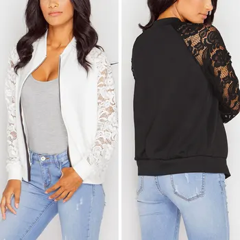 

2020 Spring And Autumn New Elegant Jacket Coat Women Long Sleeve Lace Stitching Zipper Jacket Women