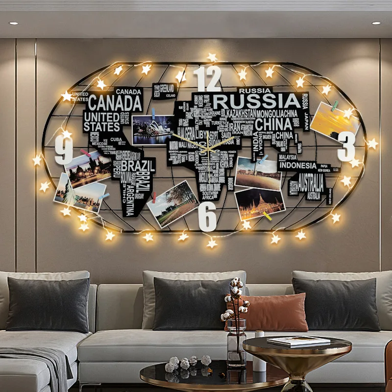 Large Metal World Map Wall Clock with LED Lgiht Luminous Wall