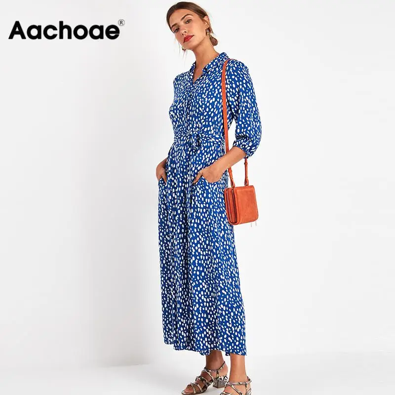 Aachoae 2020 Women Long Printed Dresses Three Quarter Sleeve Bohemian Maxi Dress Turn Down Collar Shirt Dress Vestidos Mujer Aachoae 2020 Women Long Printed Dresses Three Quarter Sleeve Bohemian Maxi Dress Turn Down Collar Shirt Dress Vestidos Mujer