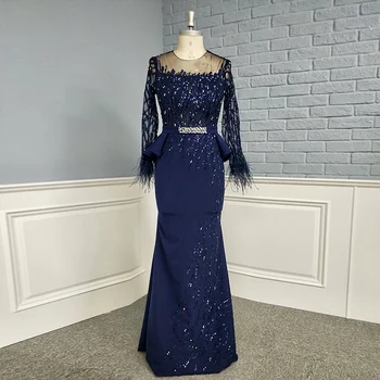 

High Quality Jewel Long Sleeve Mermaid Sequined Feather Navy Formal Gown Evening Dress 2020