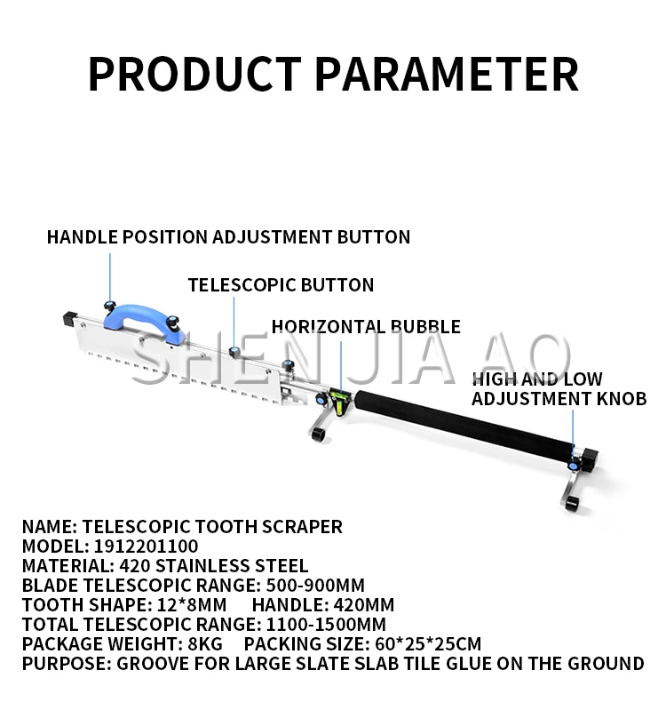 Retractable leveling asher with long and large scraper tile glue grooving and le