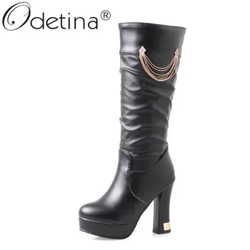 

Odetina Women Chain Slip On Winter Round Toe Slouch Boots Lady Block Extreme High Heel Crystal Pleated Platform Mid Calf Boots