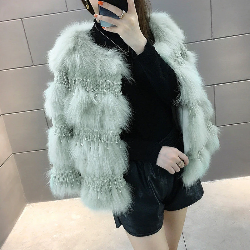 green ZDFURS* зимняя женская одежда, женские зимние пальто и куртки из натурального Лисьего меха с блестящими бриллиантами и кисточками - Цвет: green