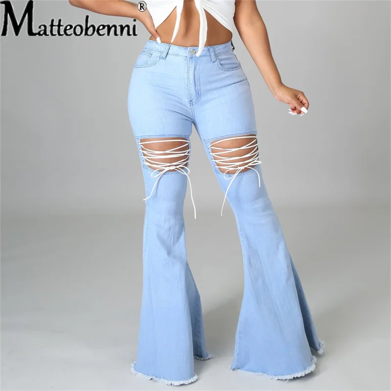 2021 Summer New Women Street Style Solid Color Casual Washed Bandage Denim Flared Pants Ladies Sexy High Waist Wide Leg Pants