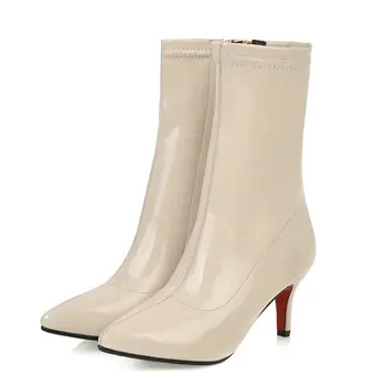 

Women Boots Fashion Patent Leather Short Boots Ladies Thin Heel Zipper Ankle Boots Comfort Autumn Winter Stretch Boots Black Red