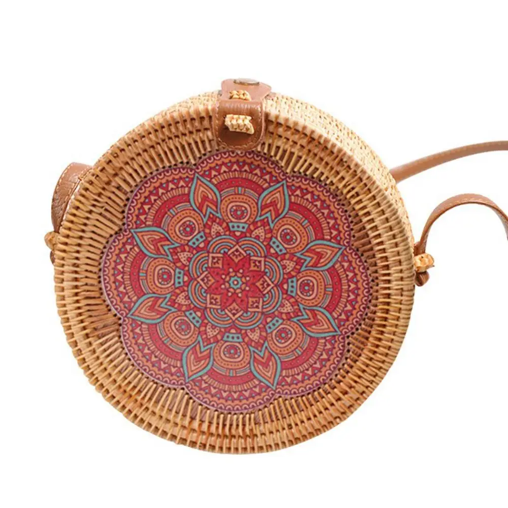 Женская мода красивый цветочный узор печать сумка ручной работы плетёная ротанговая круглые маленькие сумочки-почтальонки