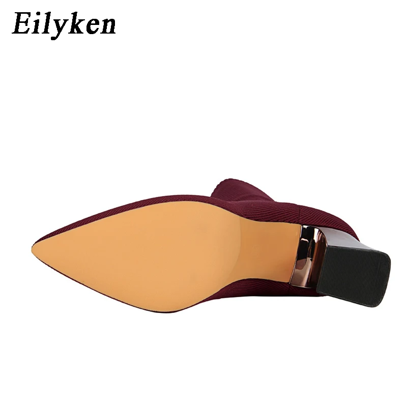 Eilyken/модные женские сапоги; Высокий каблук; сексуальный носок; вязаные сапоги; зимние сапоги на квадратном каблуке; женские сапоги с острым носком