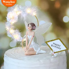 Angel Gelukkige Verjaardag Cake Topper 3 Ontwerpen Mooie Engelen Met Ijzeren Krans Kant Veer Romantische Bruiloft Taart Decoratie