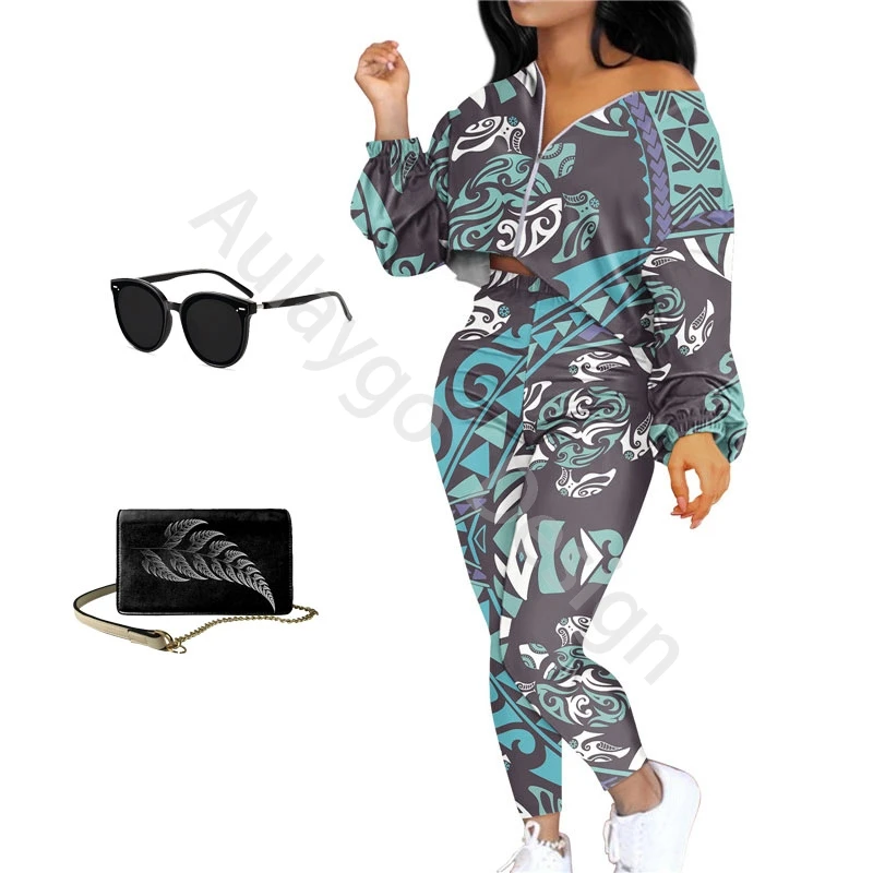 

Samoas Tribal Turtle Shield Print Two Twin Style Womens Two Piece Sets Zipper Top And Long Pant Sexy Ladies Club Loungewear Set