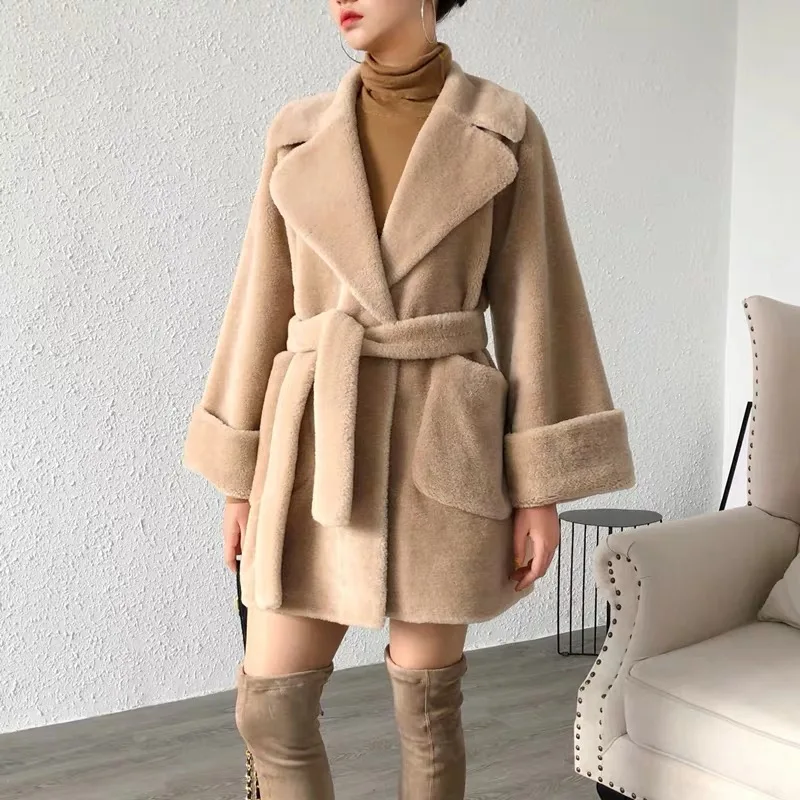 Beige Зимнее натуральное меховое пальто для женщин, Длинная зимняя куртка, Корейская одежда с поясом, шерстяные меховые пальто и куртки, женские пальто для стрижки овец - Цвет: Beige