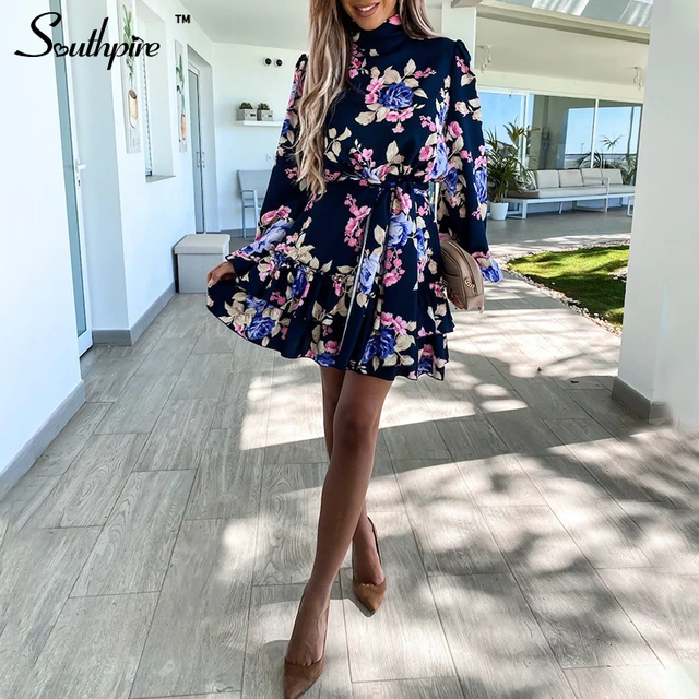 Southpire Navy Floral Print Loose Style Mini Dress Women Long Sleeve High Neck Party Dress Ladies Day Casual Clothes Spring 2022 3