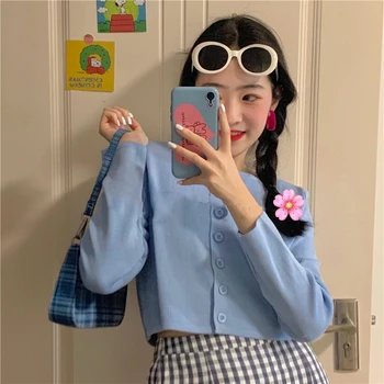 

Women Streetwear Knitted Cardigan Button Up Korean Cute Sweaters Cropped Cardigan Knitwear Kawaii Crop Sweater Knitting Top