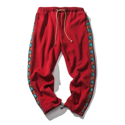 Liketkit, зимние повседневные штаны для мужчин,, с полосками по бокам, флисовые, плотные, прямые, свободные, для бега, мужские, китайские, мешковатые брюки - Цвет: Бургундия