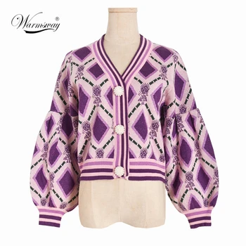 

Fashion Fall Winter Knit Cropped Cardigan Lantern Sleeve Casual V-Neck Loose Purple Warm Women Sweater Outwear C-275