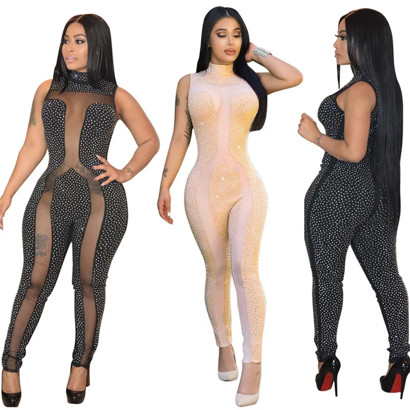 Стразы Женский Летний комбинезон без рукавов с прозрачной сеткой в стиле пэчворк