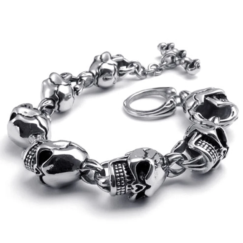 Классические мужские браслеты с черепом, нержавеющая сталь, голова черепа, цепочка, браслет, готический панк, байкерские браслеты, ювелирные изделия