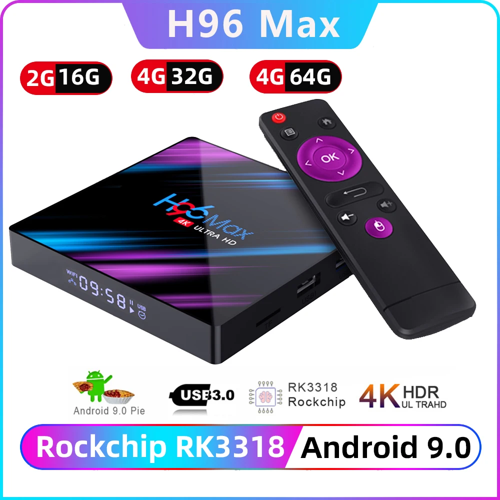 

H96 MAX TV Box Android 9.0 RK3318 4G 64G Support HDMI 2.0 2K 4K HDR YouTube Netflix WIFI 2.4G/5G USB 3.0 Android TV Box