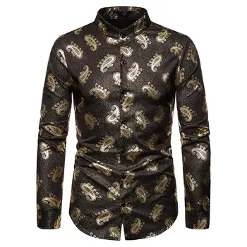 

Blouse Men's Shirt Cashew Flower Hot Stamping Long Sleeve Shirt for Man Casual Fashion Henry Collar Design