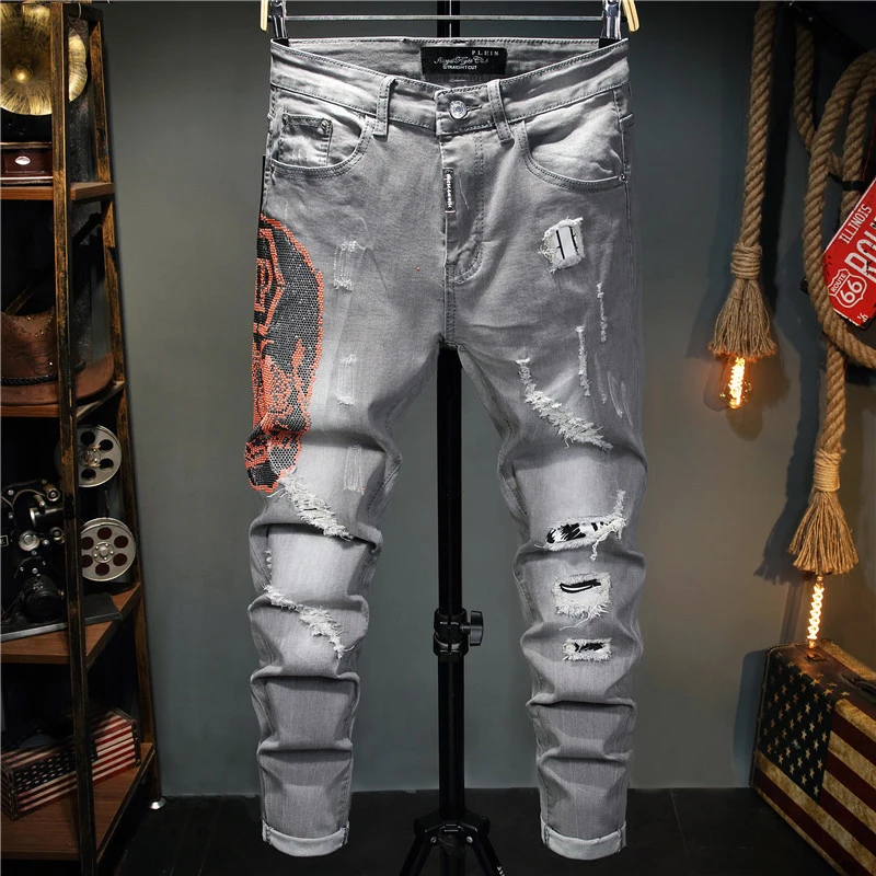 Plein-pantalones vaqueros ajustados de estilo europeo para hombre, jeans grises con agujeros para Moto y motociclista