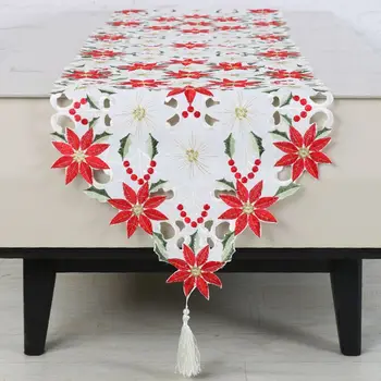

Christmas Embroidered Table Runners Poinsettia Holly Leaf Table Linens 16 x 70in