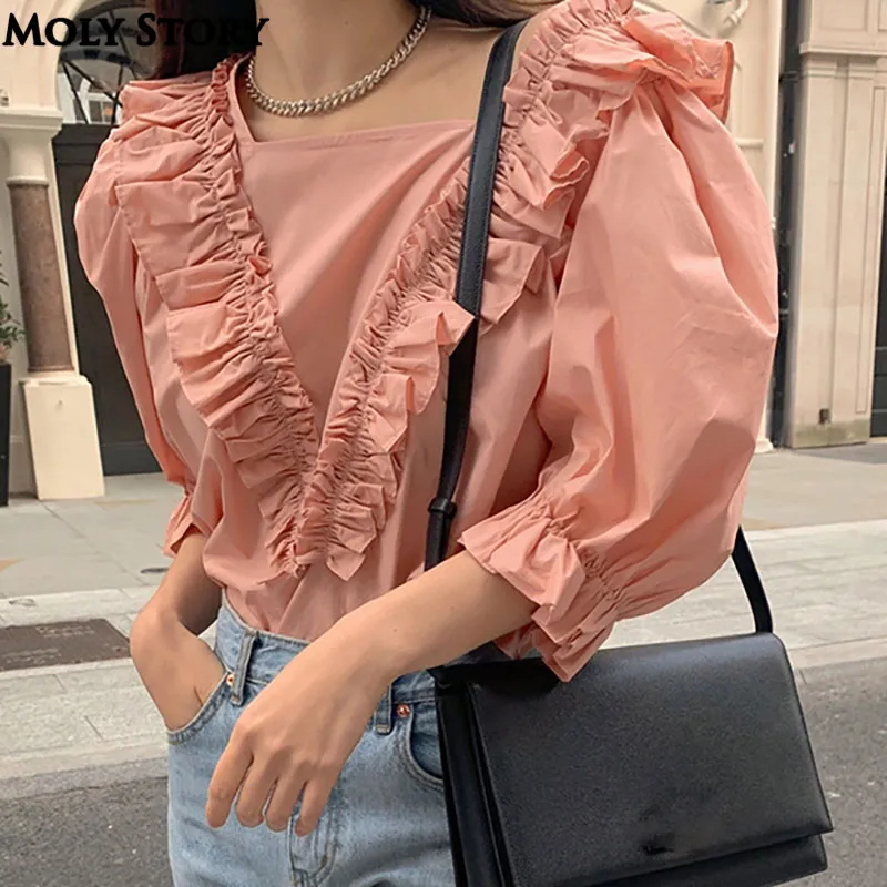 Summer New Cute Top Puff Sleeve Ruffle Shirts Tops Ladies ShirtBlouses & Shirts AliExpress