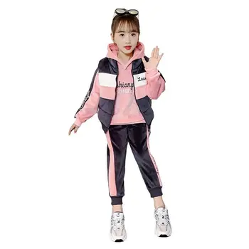 

2020 new girls winter suit plus velvet thick autumn and winter clothes fashionable vest sweater three-piece suit