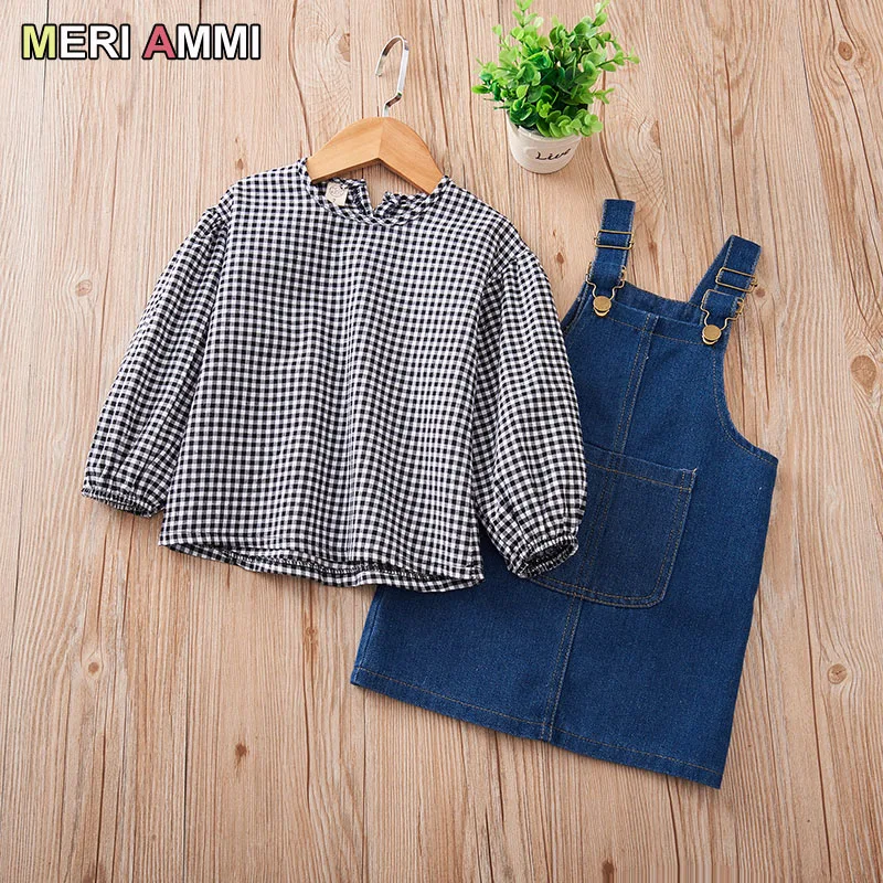 MERI AMMI/Детские джинсы для девочек, 2 предмета клетчатая футболка+ платье-комбинезон спортивные штаны для детей от 2 до 7 лет