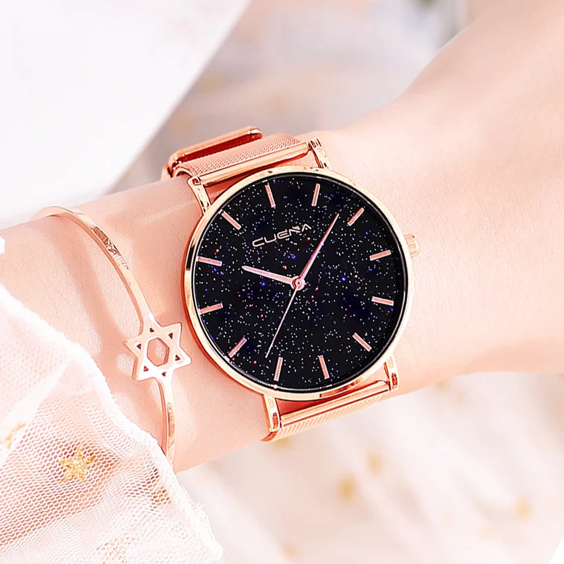 Звездное небо женские часы браслет часы Роскошные розовое золото черные женские кварцевые наручные часы bayan kol saati relojes montre femme
