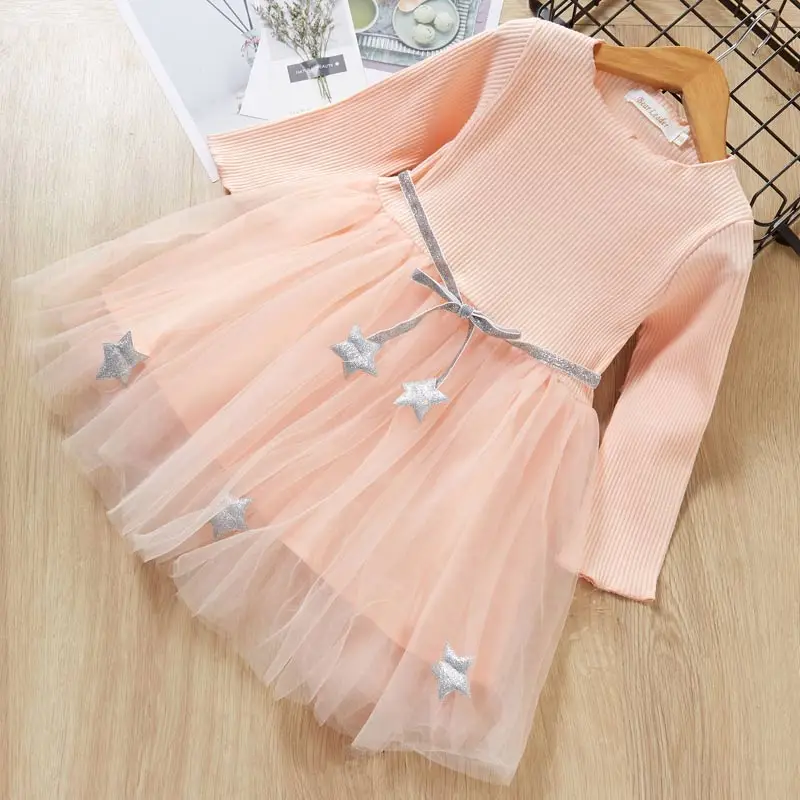 Girls Mesh Dress Autumn Princess Dresses Children Clothing Long Sleeve Spring Denim Dress for Girl Kids Dress 2 8 Years
