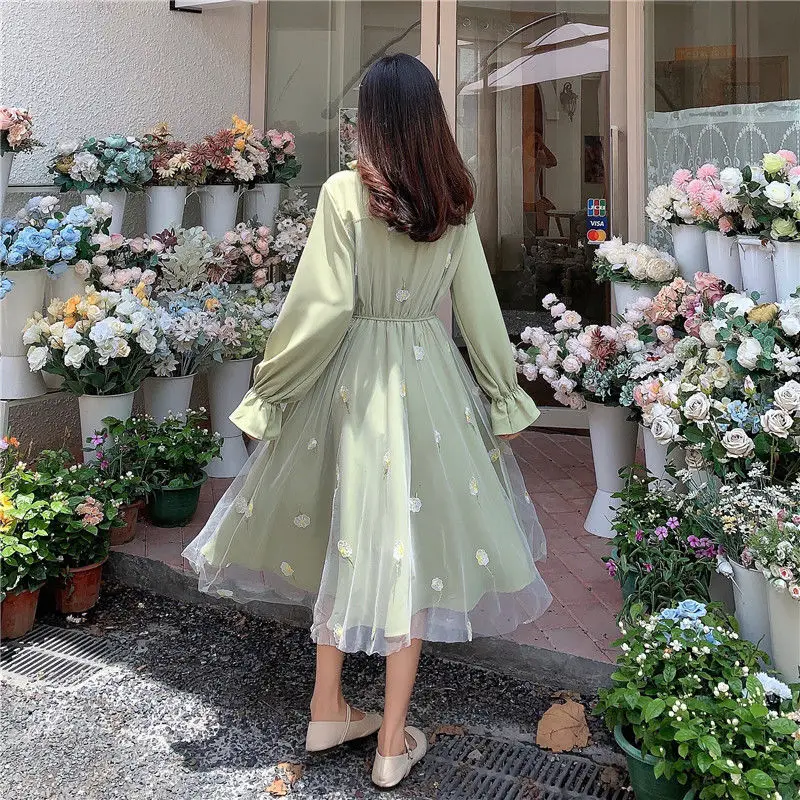 Long Sleeve Dress Women Patchwork Bow Collar Embroidery Elegant College Trendy Causal Holiday Ulzzang Empire Lovely Fall Apricot black dress