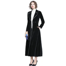 Осенне-зимнее женское черное бархатное пальто, модные длинные макси-тренчи, пальто на пуговицах, с разрезом, верхняя одежда с длинными рукавами