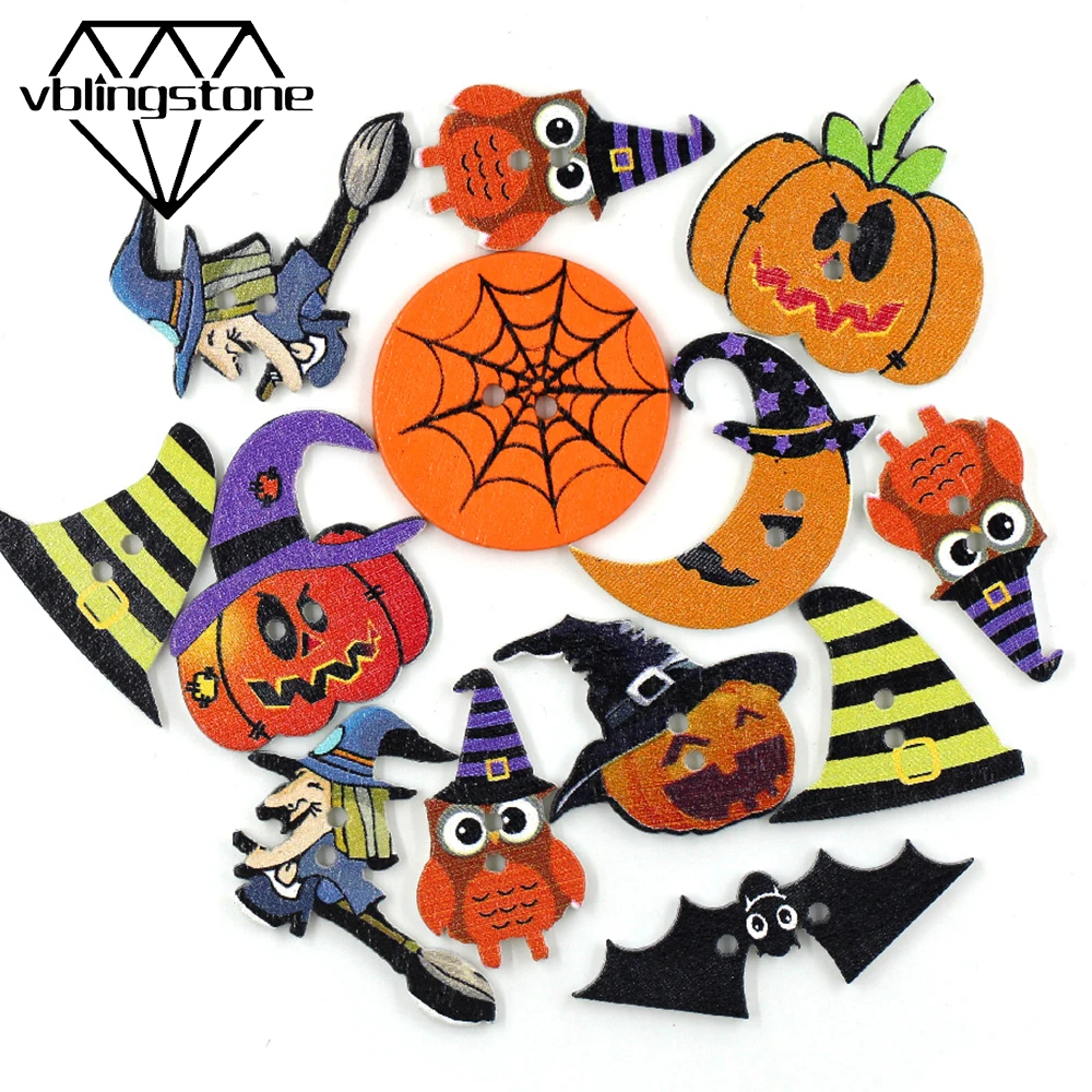 50Pcs Halloween Wooden Button 2-Holes Decorative buttons For Clothes DIY Crafts Mixed Pattern Pumpkin/Witch/Owl Sew Accessories | Дом и сад