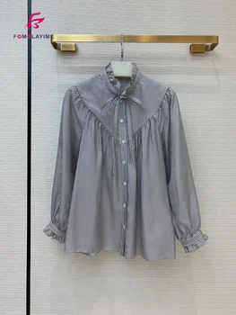 

Luxury Blouses Shirt Women 2020 Autumn New Black and White Striped Stand-up Tie Shirt