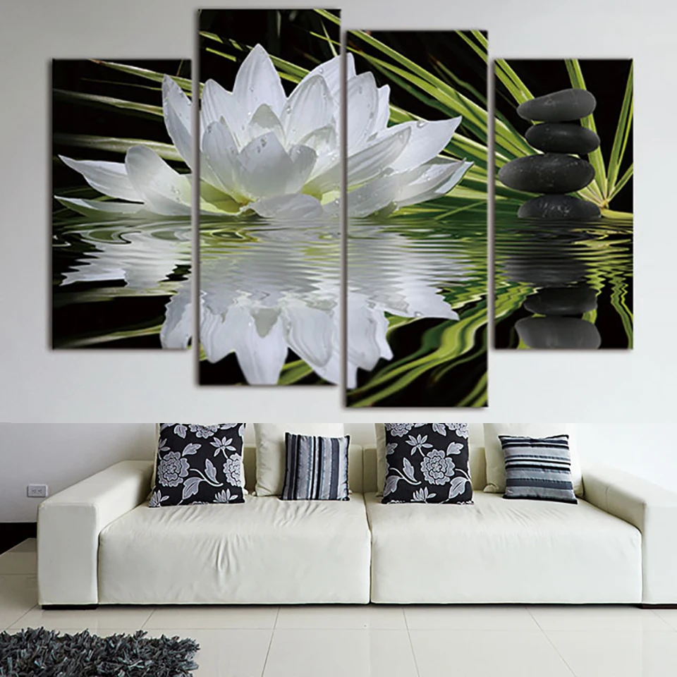 

4 Pieces White Lotus Flowers Classical Pictures Posters Wall Art Home Decor Canvas HD Print Paintings Modern House Decoration