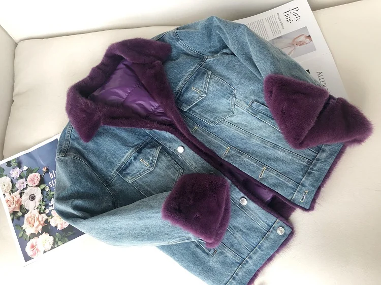 violet Пальто с натуральным мехом, зимняя кожаная джинсовая куртка, женская шуба из натуральной норки, утиный пух, Толстая теплая ковбойская парка, Повседневная Роскошная - Цвет: violet