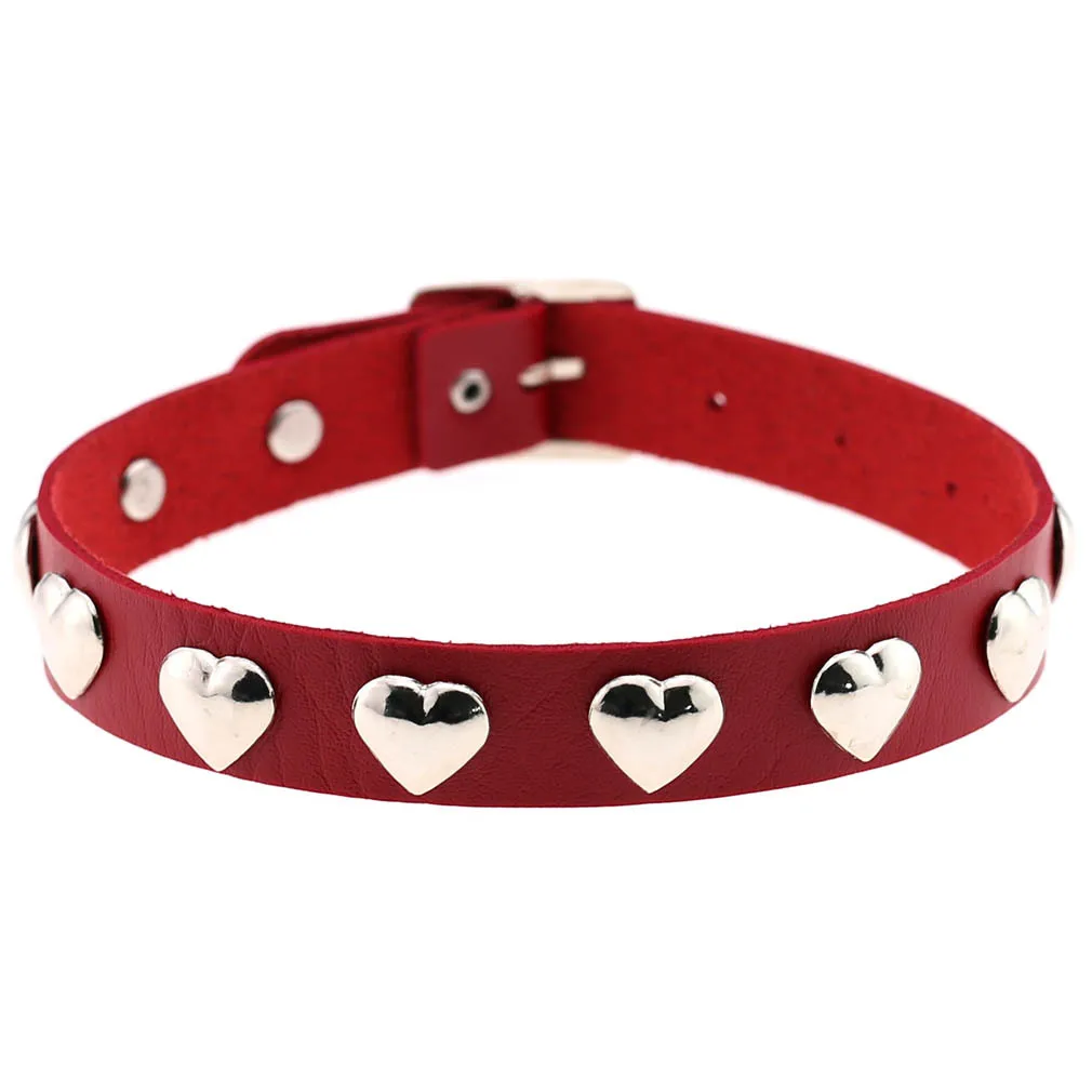 Vintage Punk Geometric Jewelry Red PU Leather Round Heart Choker Necklace Women Chocker Necklaces Collares