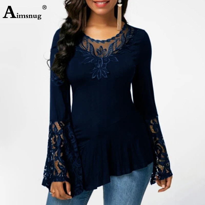 Плюс размер 4xl 5xl Женские Новые Осенние Boho Твердые сплайсинговые кружевные топы с рукавом колокол полые женские футболки повседневные тонкие женские футболки