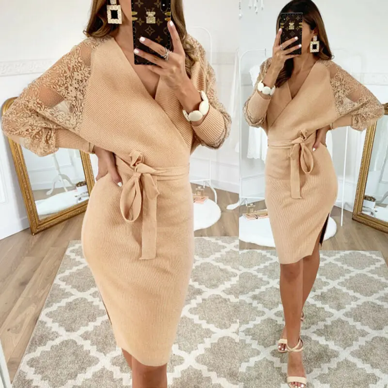 

Women Autumn Long Sleeve Dresses Ladies Casual Solid V-Neck Short Dresses