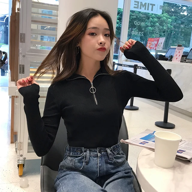 2022 Knitted Women Zipper High Neck Sweater Pullovers Turtleneck Autumn Winter Basic Women Sweaters Slim Fit Black Pull Femme black
