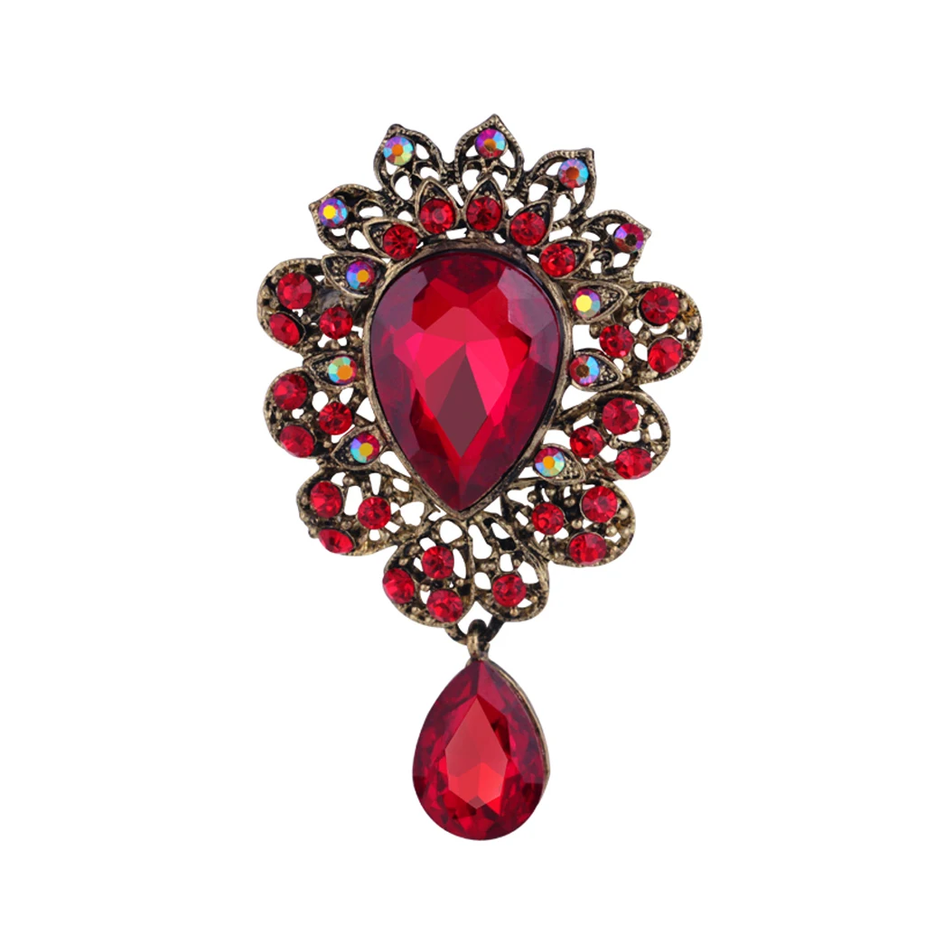 Wedding Bouquet Dangle Teardrop Red Crystal Rhinestone Brooch Pin Broach