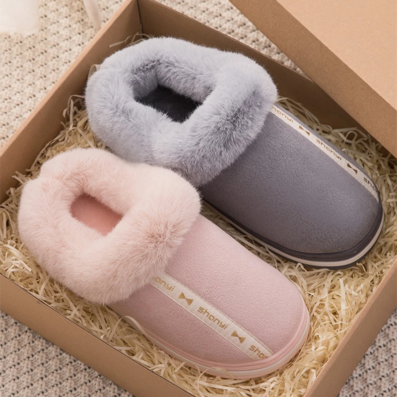 

Women's Home Couple Flat Warm Plush Shoes Woman Soft Indoor Cover Heel Female Shoes Cotton Women Footwear Winter Slippers