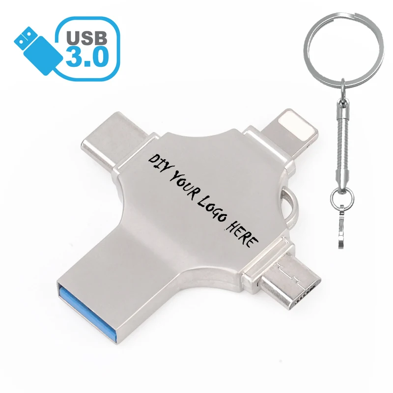 USB3.0 4 в 1 USB флэш-накопитель 256 ГБ 128 Гб 64 ГБ 32 ГБ 16 ГБ 8 ГБ металлический Флешка Прямая поставка OTG U диск для IOS и всех устройств