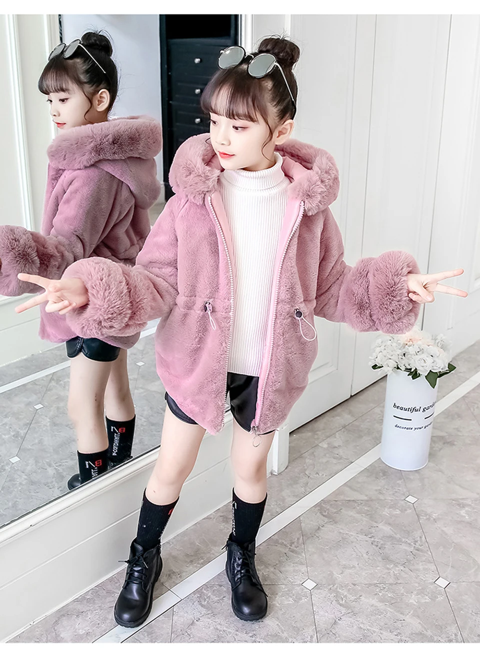 Kids Winter Coat for Girls Jacket Faux Fur Thick Warm Hooded Jacket Teenager Girls Outerwear Children Clothes 4-12 Year