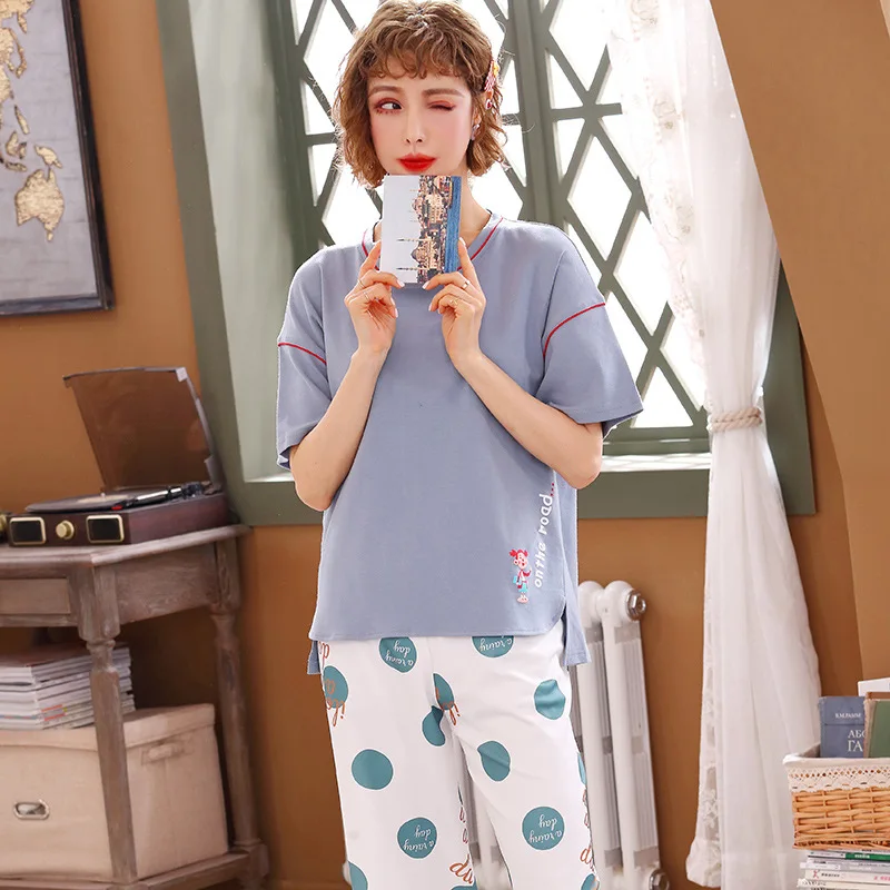 

Peach Scent Spring Summer Knitted Cotton WOMEN'S Short-sleeved Clothes Cotton Casual Capri Pants Two-Piece Set Pajamas Suit Trac