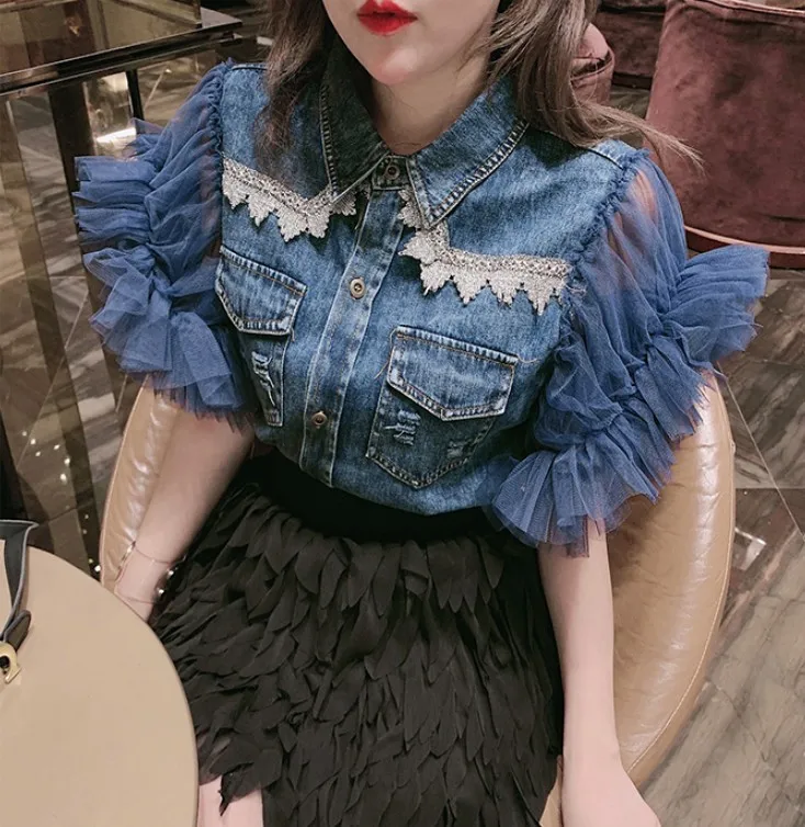 

2019 New Street Fashion Heavy Gauze Stitching Short-sleeved Denim Shirt Women Medium Long Jeans Blouse Loose Tops