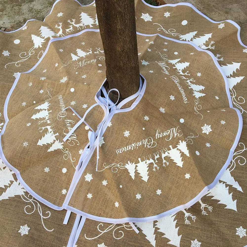 NEW Christmas Tree Skirt Yellow Linen White Snowflake Tree Skirt For Party Christmas Tree Decoration