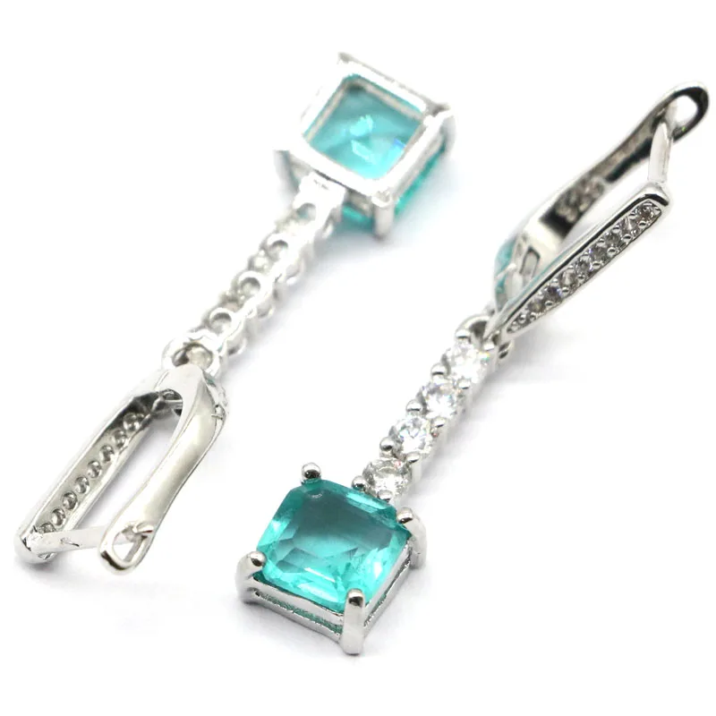 Потрясающие квадратные серьги 38x8 мм с голубым аквамарином и фианитом для женской