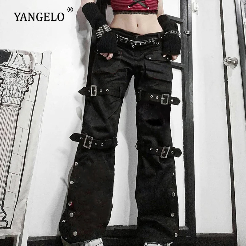 Yangelo Y2K Punk Black Buckle Pants Harajuku High Waist Big Pocket Trousers Goth Mall Grunge Cargo Pants Techwear Women 2