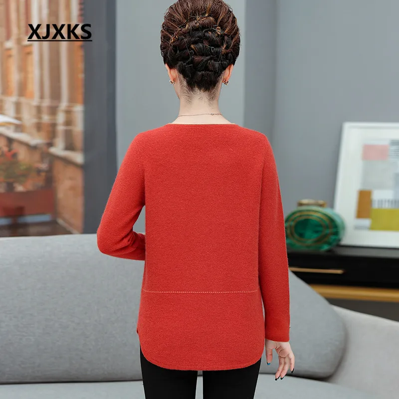 XJXKS autumn winter new women sweater loose plus size fashion printing mink cashmere knitted sweater women pullover
